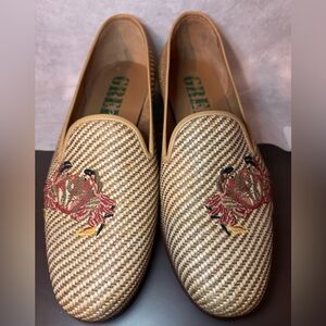 Stubbs and Wooton straw raffia crab embroidered Loafers Sz 6.5.